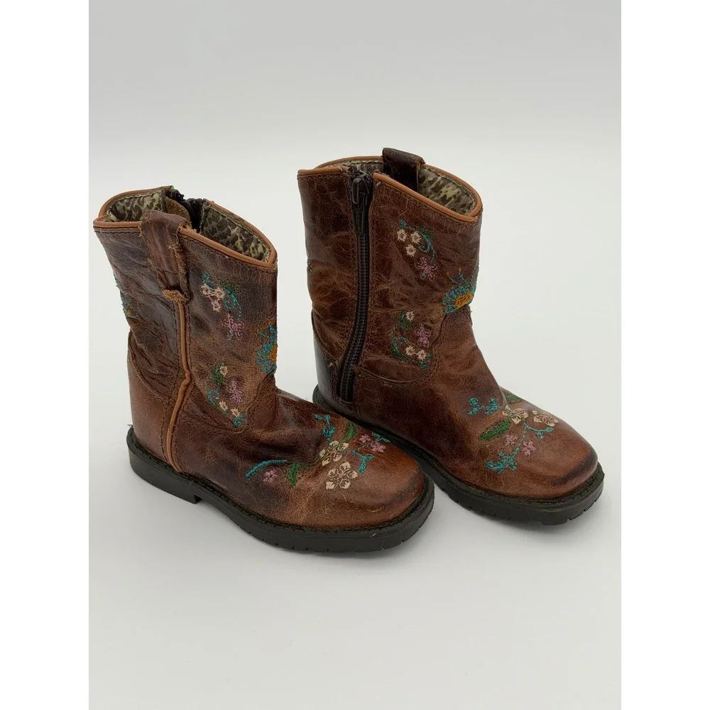 Shyanne Girls Brown Leather Floral Embroidered Western Boots 43833 T Size 7 D